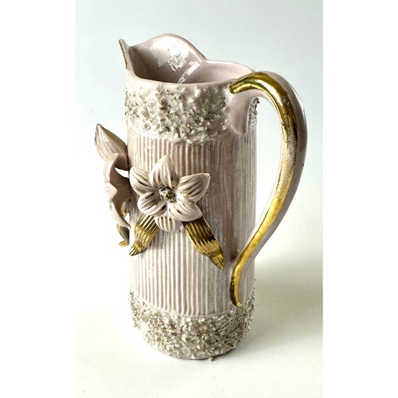 Vintage Ornate Pink Pitcher Vase With Gold Flower Details Hollywood Regency - Picture 3 of 11